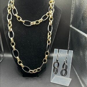 Chain link necklace and earring set. Gold snd black.
